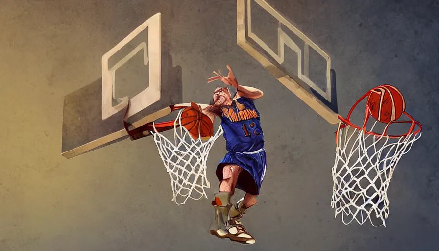 Image similar to a dwarf is dunking a basketball, digital art, highly detailed, realistic, bright colors, 8 k