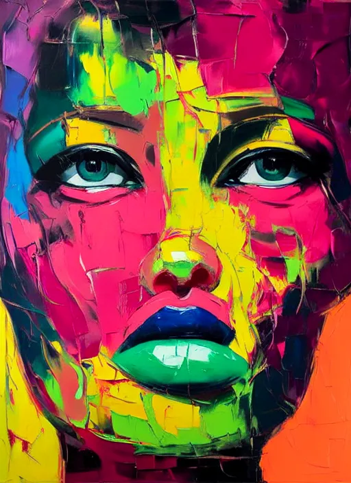 Prompt: an expressive oil portrait painting of a woman's face by francoise nielly, aesthetically pleasing bold colors.