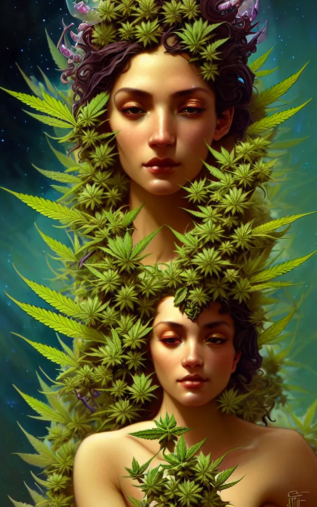 Image similar to epic scale cinematic marijuana deity character concept perfect focus closeup macro photography of a beautiful marijuana bud crystals trichomes, densely packed buds of weed, sacred dmt weed superheroine visionary art by greg rutkowski android jones artgerm alphonse mucha rule of thirds golden ratio alien plants