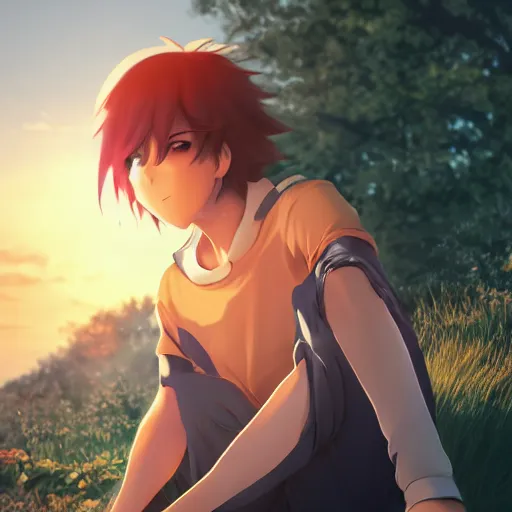 Image similar to anime boy watching sunset, hyperrealistic, hyperdetalied, high quality, 8 k, high rendering, photorealistic, cinematic, cgsociety, artstation,