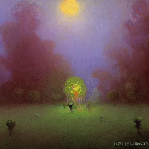 Image similar to mystical kew gardens, mist, full moon, by paul lehr, monet