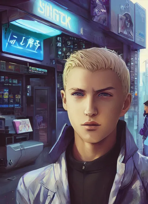 Image similar to cyberpunk beautiful blonde teenage boy hitman standing in front of a convenience store, futuristic beautiful, detailed portrait, cell shaded, 4 k, concept art, by wlop, ilya kuvshinov, artgerm, krenz cushart, greg rutkowski, pixiv. cinematic dramatic atmosphere, sharp focus, volumetric lighting, cinematic lighting, studio quality