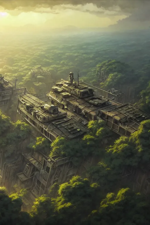 Image similar to a highly detailed matte painting of a post - apocalyptic dieselpunk military base in the jungle aerial view, by studio ghibli, makoto shinkai, by artgerm, by wlop, by greg rutkowski, volumetric lighting, octane render, 4 k resolution, trending on artstation, masterpiece