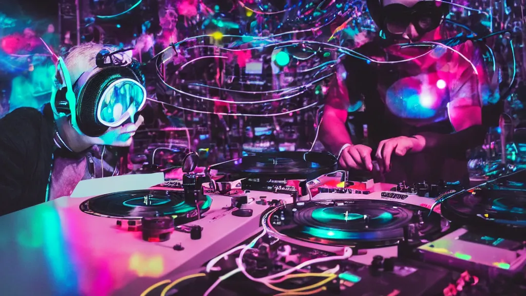 Image similar to a person wearing goggles and visor and headphones using a retro record player contraption, wires and tubes, turntablism dj scratching, intricate planetary gears, cinematic, imax, sharp focus, leds, bokeh, iridescent, black light, fog machine, hazy, lasers, hyper color digital art