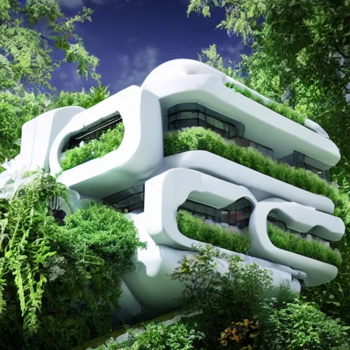 Prompt: white futuristic mage house covered in plants, hanging vines, floating on a cloud