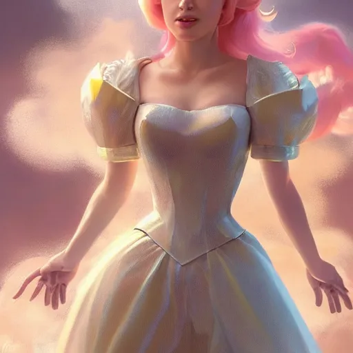 Prompt: princess peach, posing heroically, heavenly, full body close-up shot, elegant, realistic character concept, high fantasy, light atmosphere, golden ratio, cinematic lighting, hyperdetailed, high resolution, insanely detailed and intricate, artstation, Marc Simonetti, Greg Rutkowski, octane render, 8k