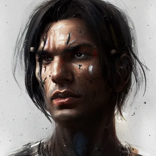 Prompt: portrait of a cyborg by greg rutkowski, he is about 3 0 years old, indian, very tall and slender, messy long black hair, he is wearing a black t - shirt, highly detailed portrait, digital painting, artstation, concept art, smooth, sharp foccus ilustration, artstation hq