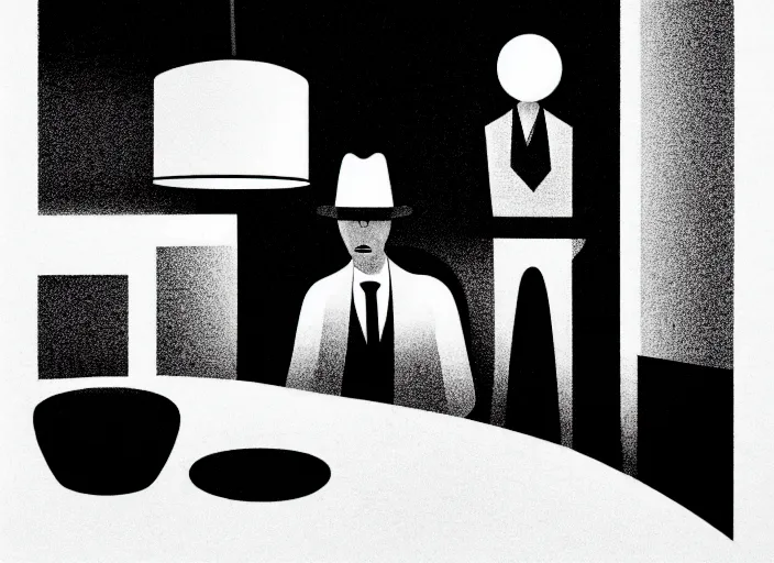 Image similar to (((detective in a hat interogating a suspect at a table))), colorful,bauhaus, Mads Berg, Karolis Strautniekas,small finely stippled light, dramatic lighting,fine texutre, editorial illustration, detailed, matte print, dynamic composition,moody, cinematic, film grain