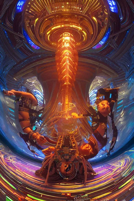 Image similar to a fisheye lens photo of a futuristic tribal dj tweaking and playing synthesizers in the most complicated and technical spiral fractal musical studio, powerful, cinematic, beautifully lit, by donato giancola, by artgerm, by karol bak, 3 d, perfect face and body, trending on artstation, octane render, 8 k