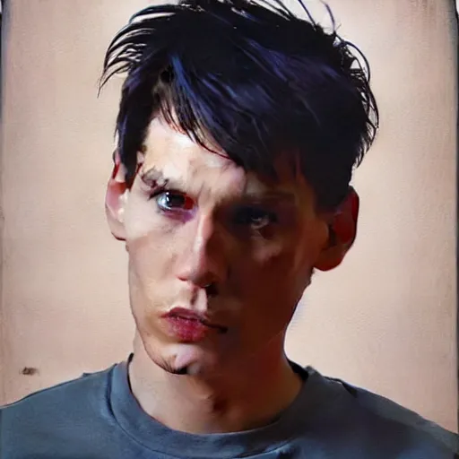 Image similar to A photograph of Jerma in the late 2000s with an emo haircut taking a selfie of himself in his new Interpol shirt, frowny face, taken in the late 2000s, taken on the iPhone 1, realistic, hyperrealistic, very realistic, highly detailed, very detailed, extremely detailed, detailed, oil painting, digital art, trending on artstation