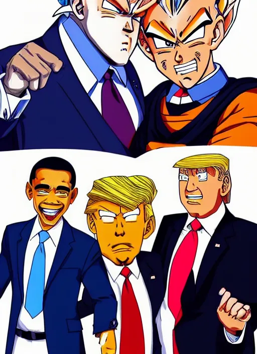 Image similar to : obama trump and biden as anime cartoon character design dragonball z