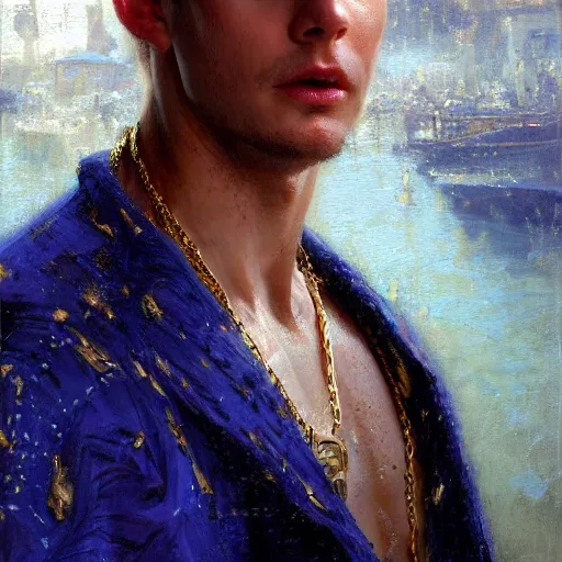 Image similar to detailed realistic cinematic wide shot of beautiful attractive muscular john green with gold chain wearing blue bath robe slim face symettrical face clean skin black eyes black robe smooth, sharp focus, ultra realistic, spring light, painting by gaston bussiere, craig mullins, j. c. leyendecker