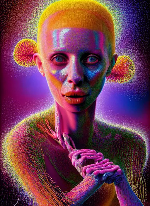 Image similar to hyper detailed 3d render like a Oil painting - Yolandi Visser seen Eating of the Strangling network of yellowcake aerochrome and milky Fruit and Her delicate Hands hold of gossamer polyp blossoms bring iridescent fungal flowers whose spores black the foolish stars by Jacek Yerka, Mariusz Lewandowski, Houdini algorithmic generative render, Abstract brush strokes, Masterpiece, Edward Hopper and James Gilleard, Zdzislaw Beksinski, Mark Ryden, Wolfgang Lettl, hints of Yayoi Kasuma, octane render, 8k