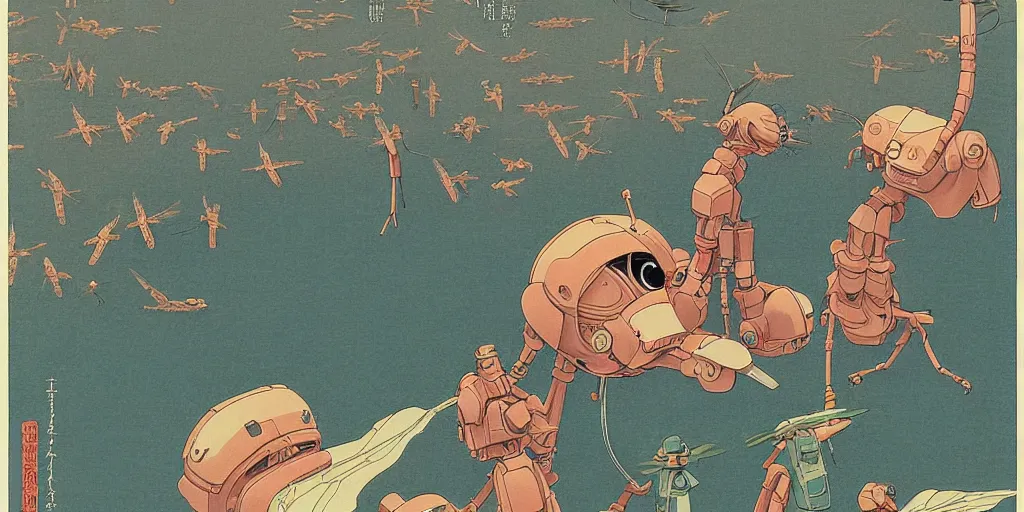 Image similar to gigantic dragonflies with human faces catch tiny robots, a lot of exotic mechas robots around, human heads everywhere, risograph by kawase hasui, dirtyrobot, edward hopper, satoshi kon and moebius, colorful flat surreal design, super - detailed, a lot of tiny details, full - shot, grainy