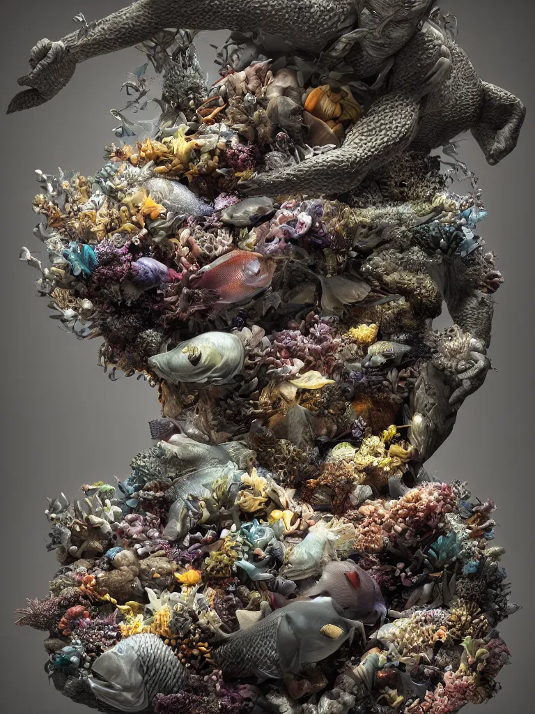 Image similar to a sculpture of fish ocean intertwined, darkness, led lighting, a lovely cornucopia of flowers and human body parts, body parts, highly detailed, octane render, cinematic, shock, sharp focus, ball, an independent psycho, clean, studio lighting