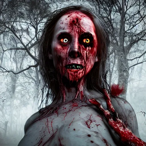 Image similar to A realistic detailed photo of a creepy witch, blood, exploded belly, red eyes, destroyed body, dead skin, dead trees, detailed body, teeth filled with cavities, foggy landscape, creepy, light particles, detailed light, realistic shaders, trending on artisation, detailed textures, detailed, realistic.