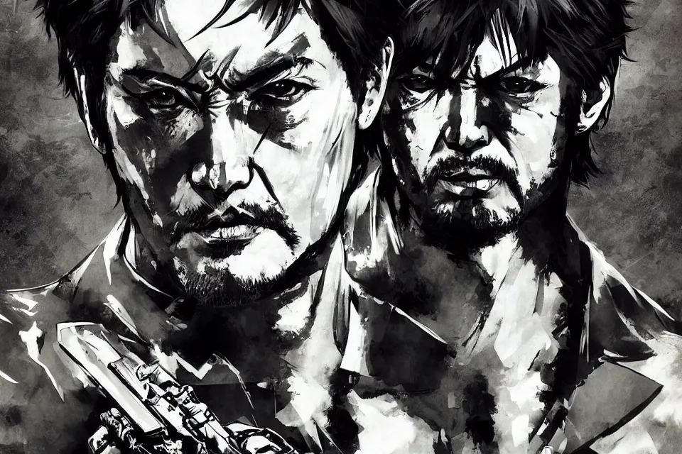 Image similar to a full - body portrait of chow yun - fat holding pistols, in yoji shinkawa's art style, metal gear solid art style highly detailed, 4 k, artistic, white background, b & w