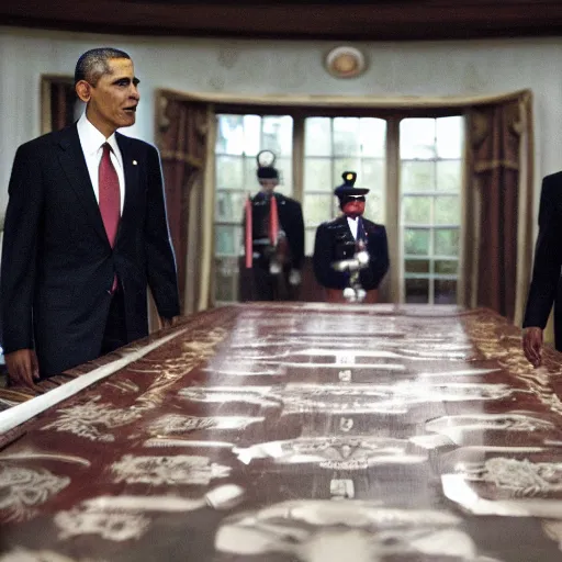 Prompt: Obama in the back rooms, HD Photograph, Found Footage