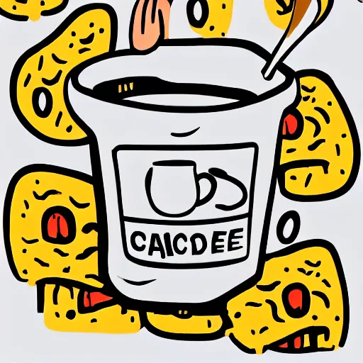 Prompt: a hand drawn illustration of a box of mac and cheese holding a cup coffee