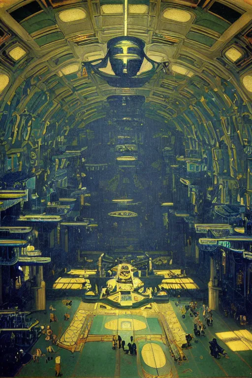 Prompt: renaissance painting of the interior of a science fiction art deco palace ballroom on Cybertron. dark-blue, light-blue, dark-green, gold, silver, black. kintsugi, fractal, moody, intricate detail, hyperrealism, cinematic, volumetric dust lighting, epic. by Roger Deakins, Moebius, Alphonse Mucha, Wiktor Ohman