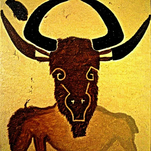 Prompt: minotaur, paleolithic cave painting