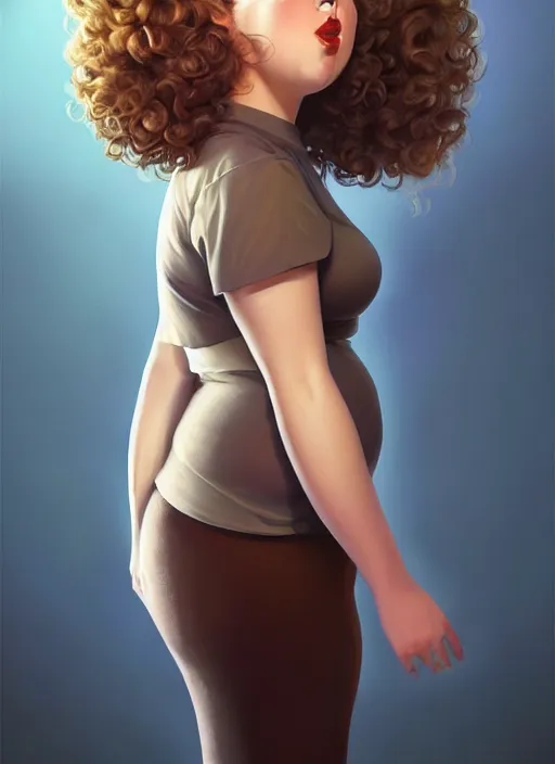 Image similar to full body portrait of teenage betty cooper, obese, bangs, ponytail, sultry, realistic, sultry smirk, ponytail hairstyle, fluffy bangs, curly bangs, skirt, fat, belly, intricate, elegant, highly detailed, digital painting, artstation, concept art, smooth, sharp focus, illustration, art by wlop, mars ravelo and greg rutkowski