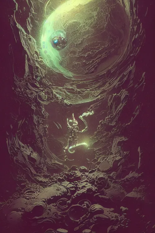 Image similar to an astronaut portrait fading into the aether, water elemental, james gurney, peter mohrbacher, mike mignola, black paper, mandelbulb fractal, trending on artstation, exquisite detail perfect, hyper detailed, intricate ink illustration, black background