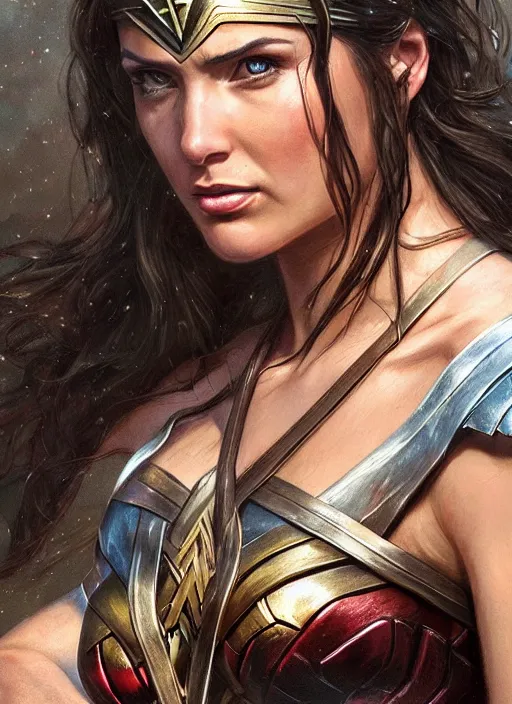 Prompt: realistic portrait painting of wonder woman, old mystic ruins, afternoon, intricate, elegant, highly detailed, digital painting, sharp, focus, by artgerm and greg rutkowski