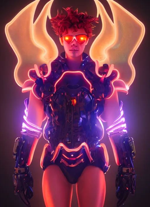 Image similar to glowwave portrait of a curly orange hair angel man with demon horns from overwatch, au naturel, hyper detailed, digital art, trending in artstation, cinematic lighting, studio quality, smooth render, unreal engine 5 rendered, octane rendered, art style by klimt and nixeu and ian sprigger and wlop and krenz cushart riot arcane overwatch