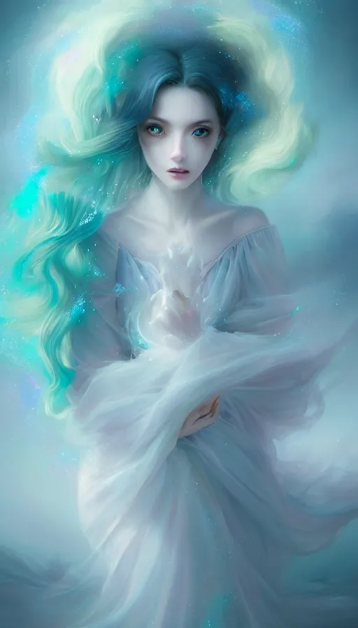 Prompt: portrait of magical ghost girl, ethereal , cloudy, transparaît, gradient white cyan, dreamy and ethereal, (colour) eyes, peaceful expression, ornate frilly dress, fantasy, intricate, elegant, rainbow bubbles, highly detailed, digital painting, artstation, concept art, smooth, sharp focus, illustration, art by artgerm and greg rutkowski and alphonse mucha