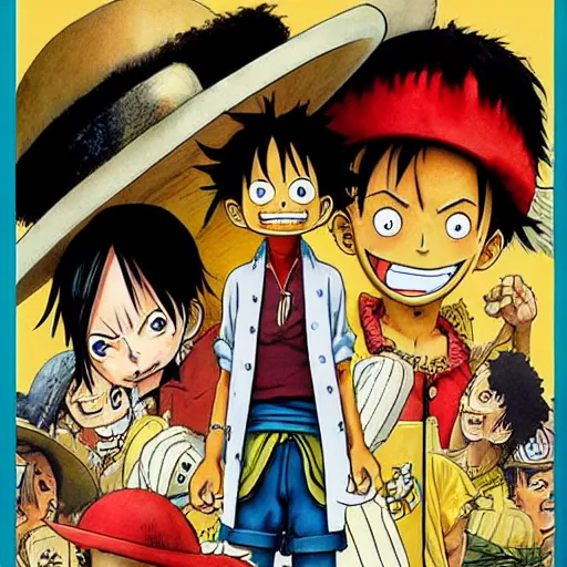 Prompt: Luffy, the kig of the pirates, movie poster, artwork by Norman Rockwell