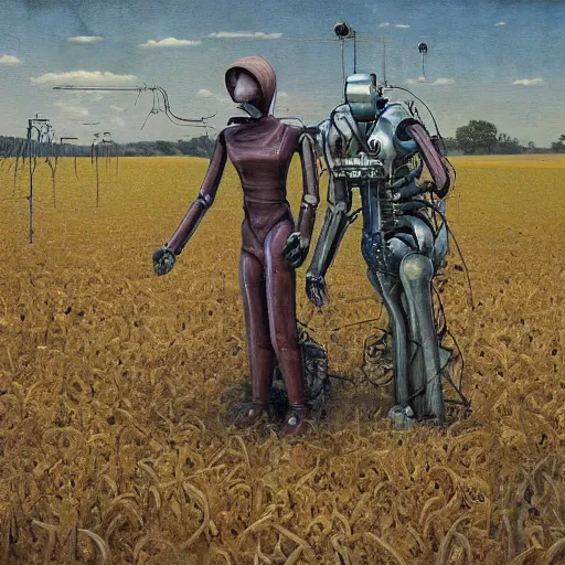 Image similar to Two robot farmers working in the field, by Andrea Kowch
