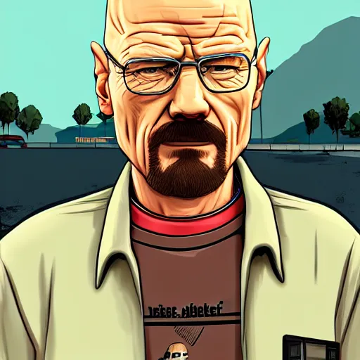 Prompt: Walter White as a character in Gta San Andreas, Gta loading screen style, rockstar games, pc game, flat colors