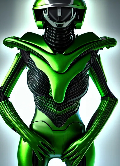 Image similar to green suit shroud and helmet, skin concept androgyne, in full growth, DIGITAL FASHION, biopunk, metaverses, Guyver style, 3d, cinematic, hyper realism, high detail, octane render, 8k, chrome accents, art by Hans Giger