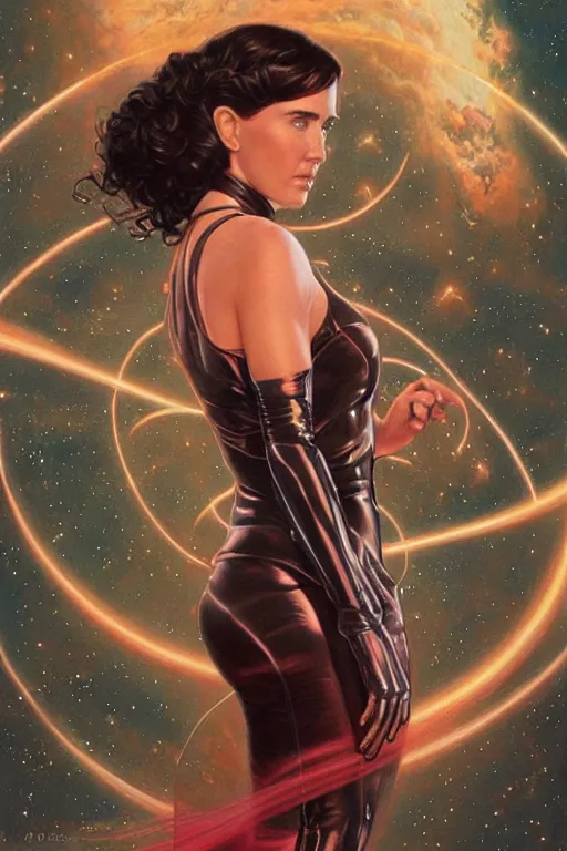 Image similar to Jennifer Connelly as a stunning , beautiful retro SCI-FI space heroine 1985 , intricate, elegant, highly detailed, centered, digital painting, trending on artstation, concept art, smooth, sharp focus, illustration, art by artgerm and donato giancola and Joseph Christian Leyendecker, Ross Tran, WLOP