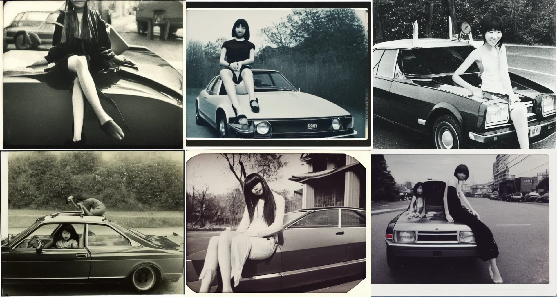 Prompt: Polaroid of a young japanese woman sitting on a car, 1972