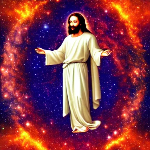 Image similar to ethereal photo of Jesus, galaxies in the background