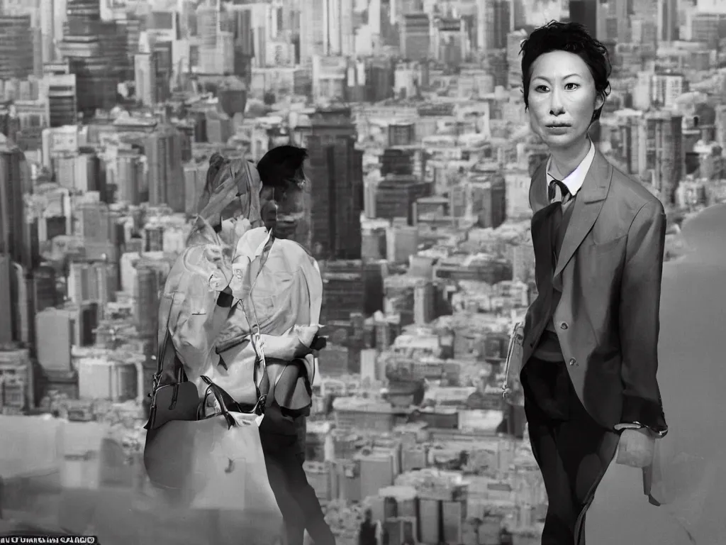 Prompt: ‘The Center of the World’ (Cindy Sherman close-up photograph) was filmed in Beijing in April 2013 depicting a white collar office worker. A man in his early thirties – the first single-child-generation in China. Representing a new image of an idealized urban successful booming China.