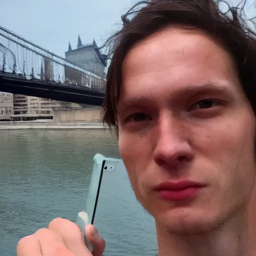 Image similar to artist yeat, noah olivier smith taking a selfie at budapest. realistic