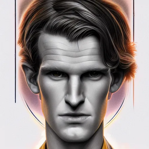 Image similar to symmetry portrait of matt smith, intricate, elegant, highly detailed, digital painting, artstation, concept art, smooth, sharp focus, illustration, art by artgerm and greg rutkowski and alphonse mucha