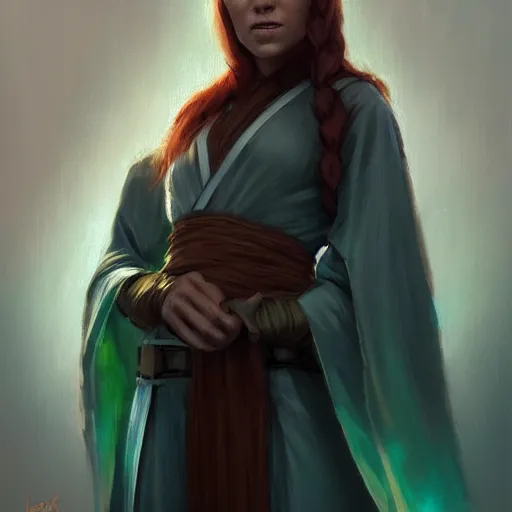 Image similar to portrait of a woman by greg rutkowski, jedi knight jade skywalker, wavy copper hair, jedi robes, star wars expanded universe, she is about 2 0 years old, wearing jedi robes, highly detailed portrait, digital painting, artstation, concept art, smooth, sharp foccus ilustration, artstation hq