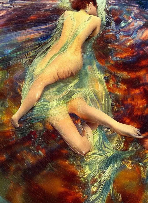 Image similar to girl in a long dress swimming underwater, caustics, surreal underwater photography, oil painting by Boldini