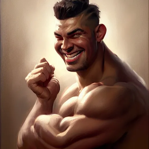 Image similar to portrait painting of a young strongman of 2 5, bright and energetic, with a sweet smile and big muscles, render cinematic lighting art 1 9 2 0 period drama by bussiere rutkowski andreas rocha