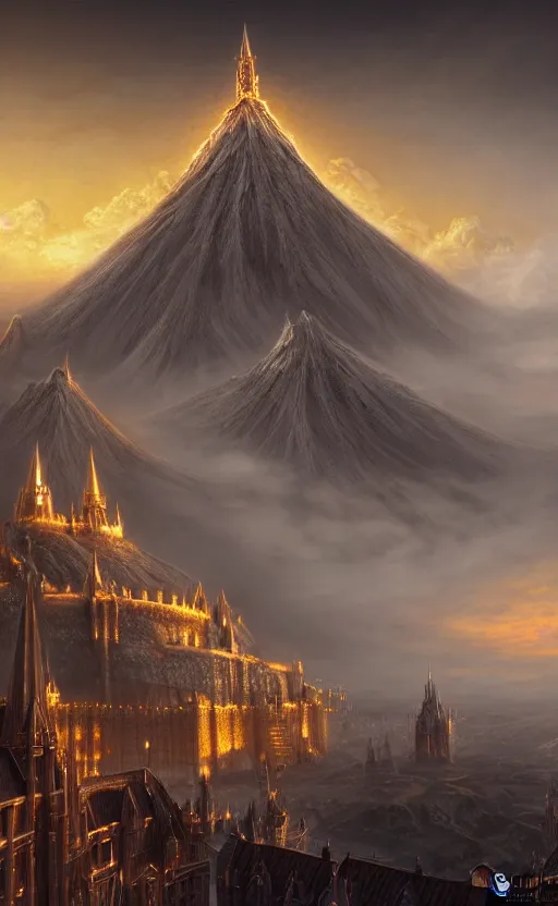 Image similar to beautiful gold fantasy city made from white stone and bright copper built on the side of a volcano, gondor, misty, red sky, medieval city, metropolis, magic, gorgeous clouds, white marble, god rays, digital art, landscape, fantasy art, octane render, ureal engine, high detail, very realistic, by greg rutkowski. by james gurney