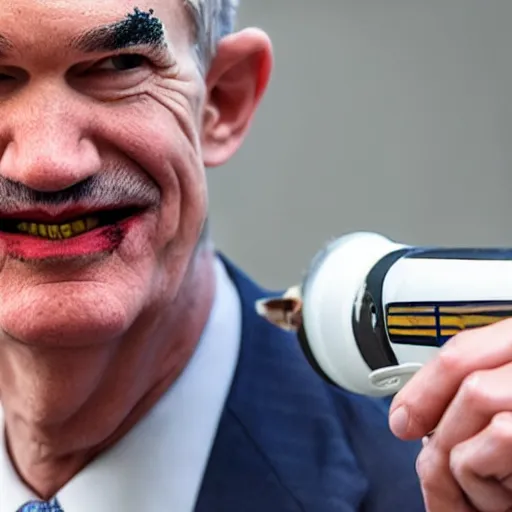 Image similar to photo of Jerome Powell with whiteface clown makeup using a flamethrower, highly-detailed