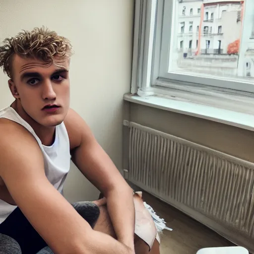 Image similar to jake paul sitting confused and sweating in a small european apartment.