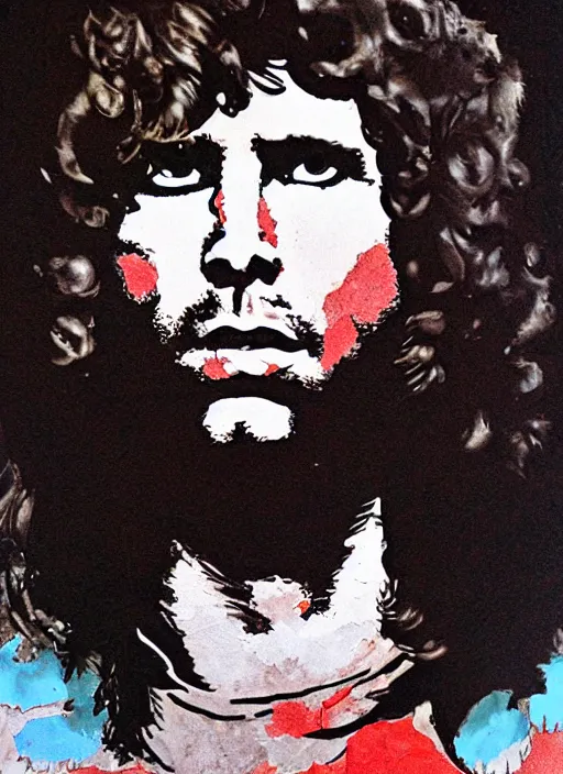 Prompt: Jim Morrison, The Doors, 1970's, Detailed, Mixed Media, Cream paper, black, red, cyan