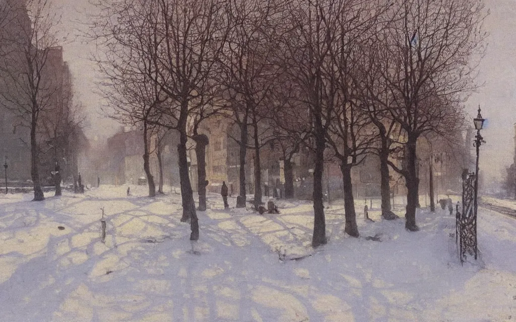 Image similar to a painting of a street in winter, pale sun, mist, oil on canvas, by carl larsson