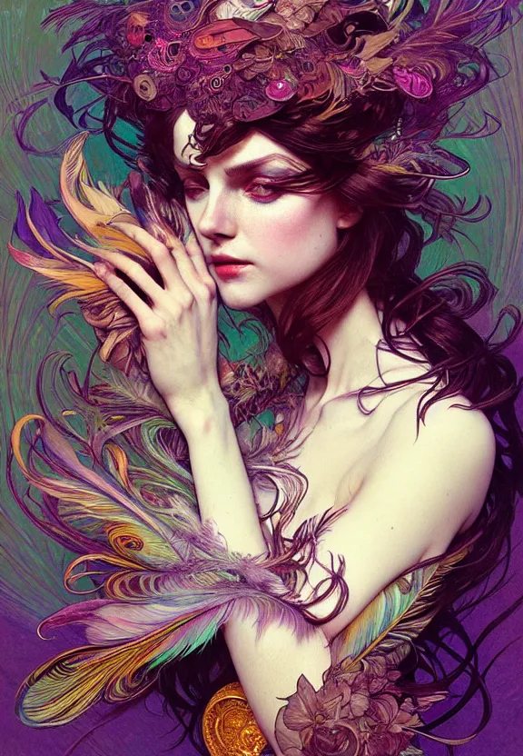 Prompt: feathers having a passionate psychedelic experience, optical illusion, surreal, face, detailed, intricate, elegant, lithe, highly detailed, digital painting, artstation, concept art, smooth, sharp focus, illustration, art by krenz cushart and artem demura and alphonse mucha