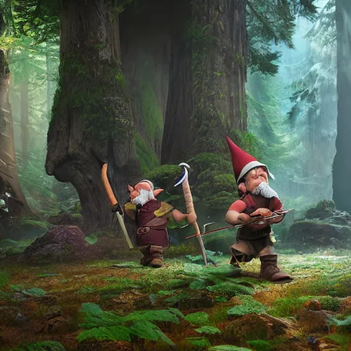 Prompt: a fantasy halfling gnome buffing his halfling allies in a redwood forest, unreal engine, octane render, realistic, matte painting, masterpiece, studio ghibli, beautiful, magical,